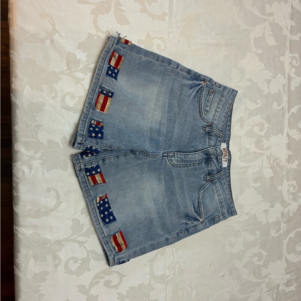 Women’s Royalty For Me Light Blue Denim Shorts with Flag Patch Detail, Size 4 - Picture 1 of 9